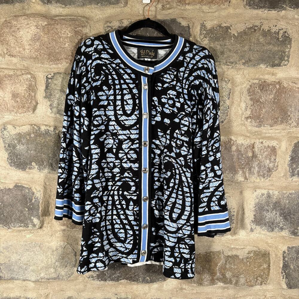 Bob Mackie Wearable Art Cardigan Sweater Woman's Medium Blue White Paisley Soft